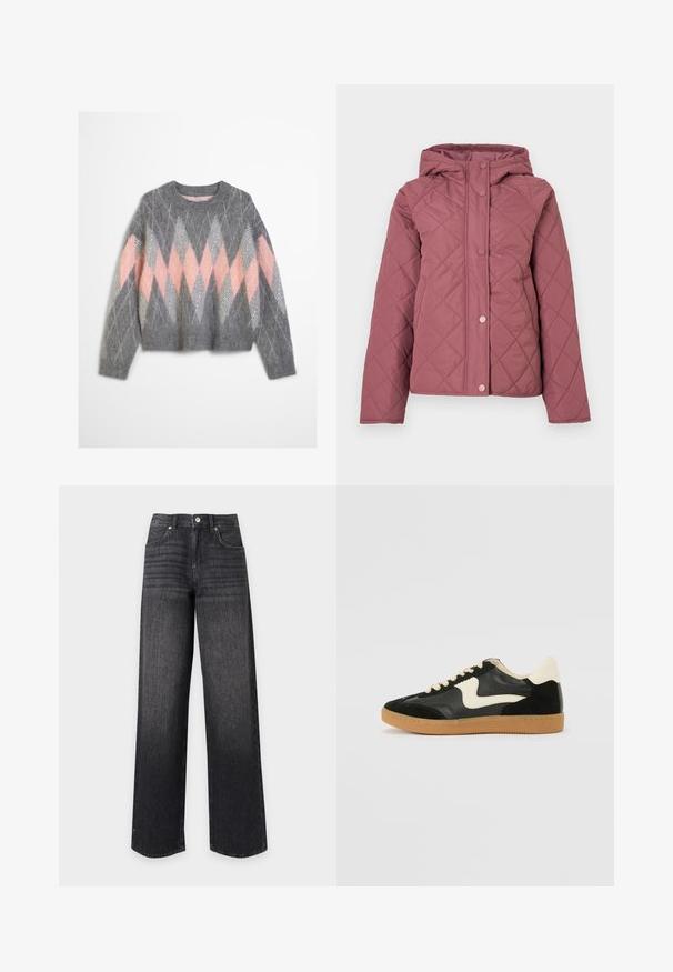 Veste matelassée rembourrée en rose poudré avec capuche, fermetures à pression et motif losange. Fabriquée en matière synthétique lisse.; Pull en laine gris avec un motif en losanges rose et gris clair. Encolure arrondie et ourlet inférieur côtelé. Texture douce, manches longues.; Jean en denim noir taille haute à jambes droites avec poches avant, passants de ceinture, bouton et fermeture éclair sur fond blanc.; Baskets en daim et cuir noir avec un swoosh latéral crème et un talon crème clair. Dotées de lacets beige et d'une semelle en caoutchouc gomme.