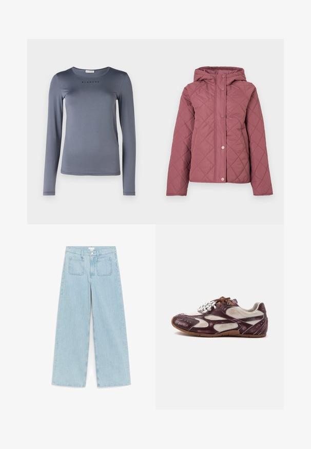 Chaqueta acolchada y acolchada en rosa polvo con capucha, cierres de presión y patrón de rombos. Hecha de material sintético suave.; Camisa de manga larga gris, hecha de material suave, con un escote redondo y la palabra "BLANCHE" impresa en negro en el pecho.; Vaqueros de pierna ancha azul claro con bolsillos delanteros de parche, trabillas para cinturón y cierre de botón en la cintura.; Zapatilla informal de corte bajo en granate y blanco con suela marrón, con cordones blancos y marrones y un diseño moderno y deportivo.