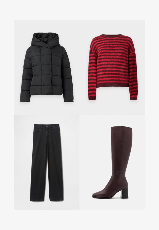Sort polstret jakke med hætte, som har et quilted design, lige snit og glat tekstur. Lynlåsløs frontlukning.; Rød og mørkerød stribet sweater, rund halsudskæring, lange ærmer, blød tekstur, ribbet kant, cropped design.; Sorte denimjeans med lige ben, knap- og lynlåslukning, lommer foran og bagpå samt en glat tekstur.; Zign LEATHER - Høje støvler/ Støvler - bordeaux