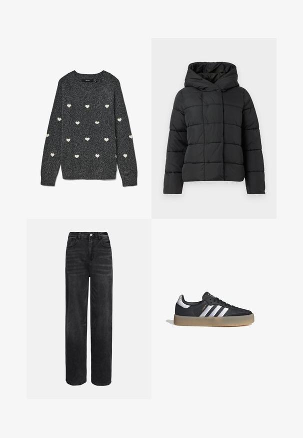 Chaqueta negra acolchada con capucha, que presenta un diseño acolchado, corte recto y textura suave. Cierre frontal sin cremallera.; Jersey gris con cuello redondo y mangas largas, con un patrón repetido de pequeños corazones blancos por todo el tejido. Tela de textura suave.; Pantalones vaqueros de mezclilla negra de pierna ancha con cintura alta, cinco bolsillos y cierre frontal de botón. Textura suave con un ligero efecto de desvanecimiento.; Zapatilla deportiva de cuero negro con tres rayas plateadas, punta texturizada y suela de goma. Cuenta con un collar acolchado y un diseño con cordones.