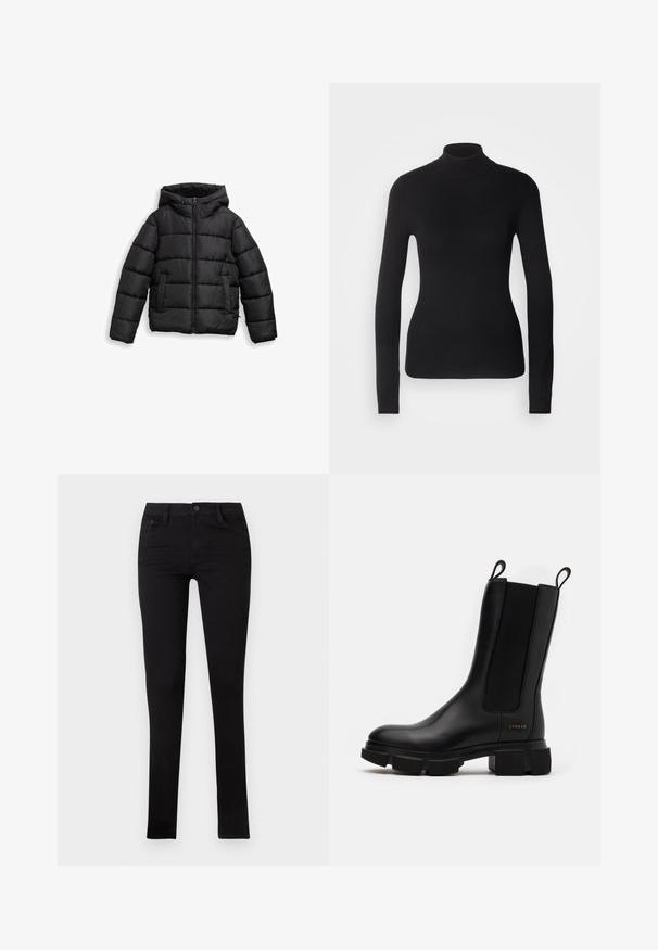 Veste en duvet noire avec fermeture éclair à l'avant, capuche ajustable, texture matelassée et poches latérales pour la chaleur et l'utilité. Matériau doux et brillant.; Pull à col roulé noir en maille légère. Il possède des manches longues, une coupe ajustée et une texture côtelée douce.; Jean skinny en denim noir avec une taille basse, des poches avant et une fermeture à bouton. Présente une texture lisse et un design minimaliste.; Bottine en cuir noir à panneaux élastiques sur les côtés, semelle en caoutchouc épaisse et tirants. Présente un logo subtilement embossé sur le côté.
