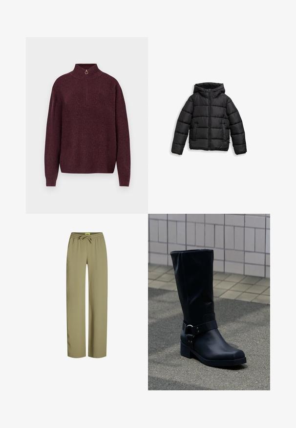 Veste en duvet noire avec fermeture éclair à l'avant, capuche ajustable, texture matelassée et poches latérales pour la chaleur et l'utilité. Matériau doux et brillant.; Pull en tricot bordeaux avec un col monté, doté d'une demi-fermeture éclair avec un tirette circulaire, texture côtelée et manches longues ajustées.; Pantalon vert, ample, avec une taille élastique et un cordon de serrage ajustable. Fabriqué en tissu doux avec des jambes droites et sans poches visibles.; Botte en cuir noire mi-mollet avec un petit talon bloc et une bride décorative avec boucle métallique autour de la cheville, sur un trottoir carrelé.