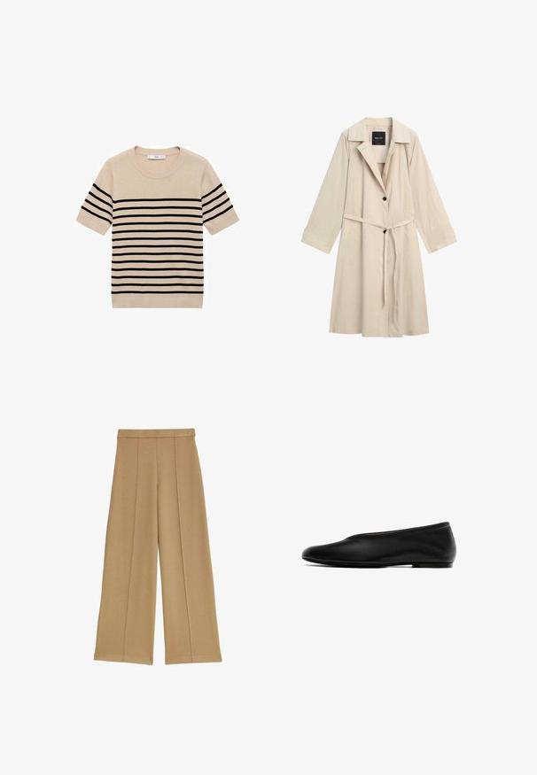 Beige knielange trenchcoat met brede kraag, lange mouwen, twee zwarte knopen en een riem gestrikt in de taille.; Beige trui met korte mouwen en zwarte horizontale strepen, ronde halslijn en gebreide textuur. Eenvoudig, klassiek ontwerp zonder extra accenten.; Brede beige broek met ingevomen plooien aan de voorkant en een hoge tailleband, weergegeven op een witte achtergrond.; Zwarte platte schoen met een glad leren buitenkant, een afgeronde neus, een laag profiel, minimale details en een flexibele zool.