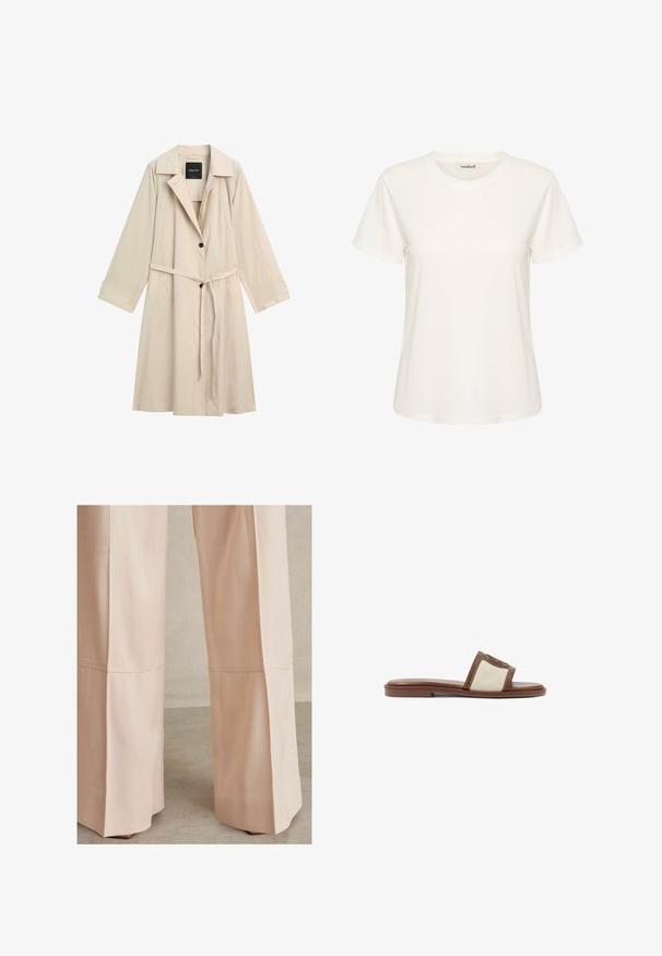 Beige knælange trenchcoat med bred krave, lange ærmer, to sorte knapper og bælte bundet om taljen.; Ensfarvet off-white T-shirt med korte ærmer og rund hals, med en etiket inde i kraven, der siger "soaked".; Lyserøde, vide bukser i et struktureret stof med sømdetaljer og en ren afslutning i kanten. Velegnede til både afslappet og formelt brug.; Brune læderslidesandal med en beige vævet overdel, flad sål og rund tå. Designet inkluderer en logoakcent på remmen.