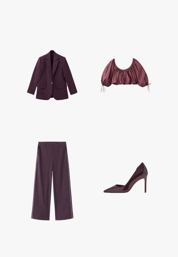 Violet blazer gemaakt van soepele stof, met een geknipt revers, enkele knoopsluiting en twee voorzakken. Gestructureerde pasvorm.; Gecropte, off-shoulder blouse in diep mauve met geplooide stof en elastische pofmouwen, gestrikt aan de polsen.; Wijduitlopende broek van dieppaarse stof met witte zijkanten, uitgerust met zakken aan de voorkant en een rechte tailleband.; Bordeaux patentleren hoge hakpumps, ontwerp met spitse neus, slanke silhouet en stilettohak. Gladde textuur met glanzende afwerking.
