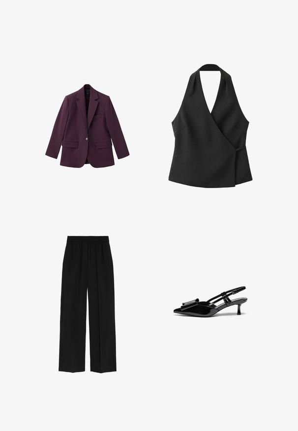 Violet blazer lavet af glat stof, med spids revers, enkelt knaplukning og to frontlommer. Struktureret pasform.; Sort ærmeløs wrap-top med halterneck og sidebindedetalje på hvid baggrund.; Marks & Spencer WIDE LEG - Bukser - black; Sorte patenterede læderslingbacks med spids tå, en sløjfedetalje foran og en lille stilettohæle. Remmene har justerbare spænder.