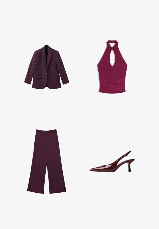 Violetter Blazer aus glattem Stoff, mit einschlägigem Revers, einem Knopfverschluss und zwei Vorderjackentaschen. Strukturierte Passform.; Ärmelloses burgunderfarbenes Neckholder-Top mit Ausschnitt an der Brust und gerafftem Stoffdetail um die Taille.; Weite Hosen aus tiefburgunderfarbigem Stoff mit glatter Textur, ausgestattet mit einem hohen Taillenbund und einem seitlichen Reißverschluss zur Schließung.; Bordeaux-farbene Lackleder Slingback-Pumps mit spitzem Zehenbereich, mittelhohem Kitten-Absatz und silberner Schnallenriemen auf weißem Hintergrund.