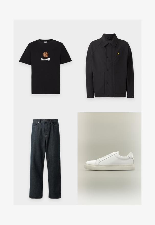 Schwarze Jacke mit strukturiertem Kragen, zwei Fronttaschen und kleinem gelben Adler-Logo. Hergestellt aus glattem, leichtem Stoff.; Schwarzes Baumwoll-T-Shirt mit einem orangen runden Logo und weißem "Dragon Ball"-Textdruck auf der Vorderseite. Klassisches Rundhalsdesign.; Dunkelblaue Jeans im Straight-Leg-Schnitt mit einem klassischen Fünf-Taschen-Design und einem Metallknopfverschluss an der Taille.; Weißer Sneaker mit niedrigem Schaft, vorn mit Schnürung und dicker Sohle, aus der Seitenansicht vor neutralem Hintergrund.