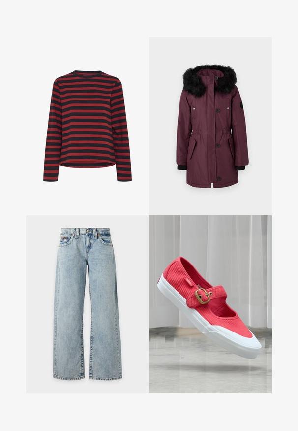 Bordeauxkleurige parka met een capuchon van nepnert, knoopsluitingen, twee voorzakken en elastische manchetten om warme te houden.; Langsleeve shirt in zwart en rode strepen, ronde halslijn, van katoen, ontspannen pasvorm, met een rechte zoom en zijnaad.; Lichtblauwe denim jeans met wijde pijpen en hoge taille, vijf zakken, riemlussen, knoop aan de voorkant en ritssluiting, getoond tegen een effen achtergrond.; Rode corduroy Mary Jane platte schoen met gouden gesp, witte rubberen zool en Vans-label, zwevend boven een reflecterende vloer tegen verticale jaloezieën.