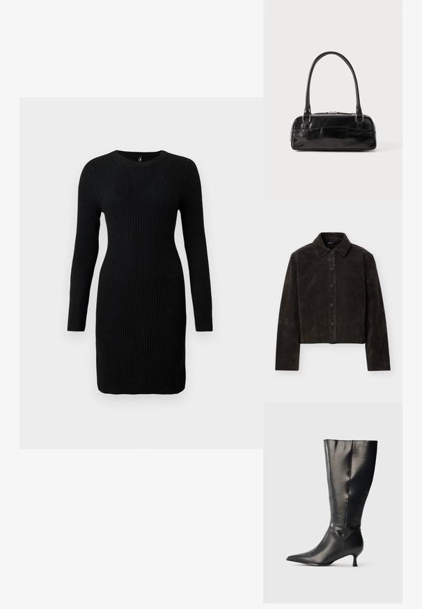 Veste en daim marron foncé à boutons, manches longues et col classique, présentée sur un fond clair uni.; Robe noire en maille côtelée à manches longues avec une silhouette ajustée et un col ras du cou, présentée sur un fond clair uni.; Botte en cuir noire montant jusqu'au genou, avec un bout pointu et un petit talon bas, présentée sur un fond clair uni.; Sac à main en cuir noir de forme rectangulaire, doté d'une seule ansse structurée, de quincaillerie argentée et d'une fermeture éclair. Texture lisse.