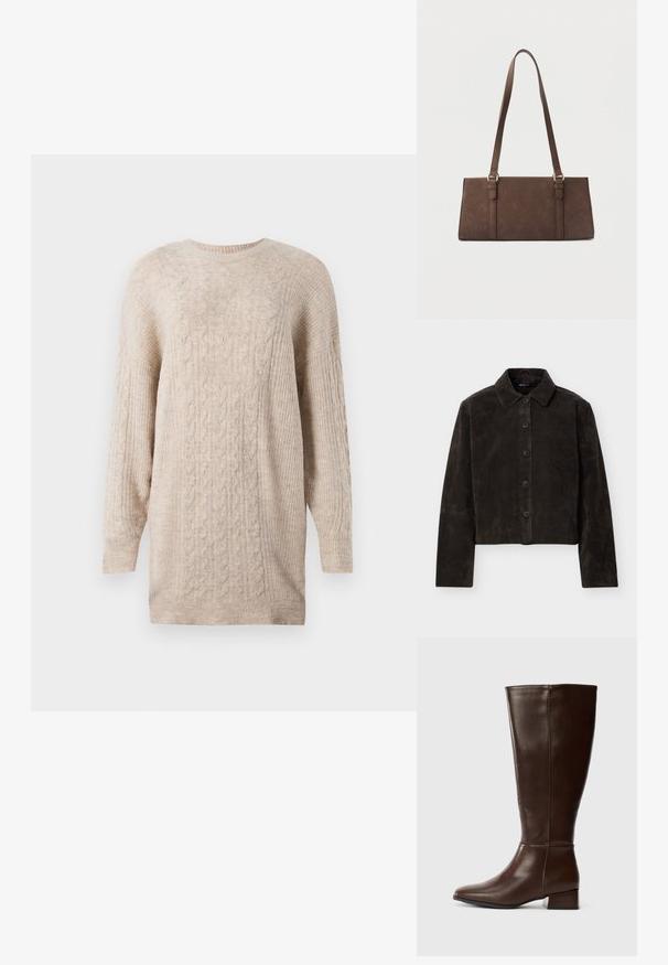 Veste en daim marron foncé à boutons, manches longues et col classique, présentée sur un fond clair uni.; Robe tricotée en maille beige avec manches longues et col ras du cou côtelé, poignets et ourlet.; Botte en cuir brun foncé, haute, avec un petit talon bloc et une finition lisse, vue de profil sur fond blanc.; Sac à bandoulière rectangulaire marron avec longues sangles et détails de couture minimalistes sur un fond uni.