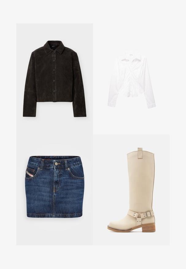Donkerbruine suède jas met knopen, lange mouwen en een klassieke kraag, getoond tegen een effen lichte achtergrond.; Witte blouse met lange mouwen, knoopsluiting, kraag, slim fit en manchetten, plat liggend op een witte achtergrond weergegeven.; Donkerblauwe denimrok met een getailleerd ontwerp, vijf zakken en oranje stiksel. Voorzien van een metalen knoopsluiting bij de taille.; Beige kniehoog laarsje van glad leer, met een zijspan gespsluiting, een contrasterende houten hak en een stevige achterlus aan de bovenkant.
