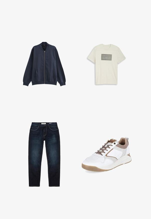 Chaqueta bomber azul marino con cierre de cremallera, puños, cuello y bajo acanalados, y dos bolsillos frontales con abertura, mostrada sobre fondo blanco.; Camiseta de manga corta color beige claro con un logo rectangular gris en el centro que dice "DENIM DESIGN STUDIO".; Jeans de mezclilla azul oscuro con un ajuste estándar, que presentan una cremallera, cinco bolsillos y costuras amarillas en contraste. Textura suave en general.; Zapatilla blanca y beige con cordones marrones, suela acolchada y detalles en ante, inclinada para mostrar los detalles laterales y frontales.
