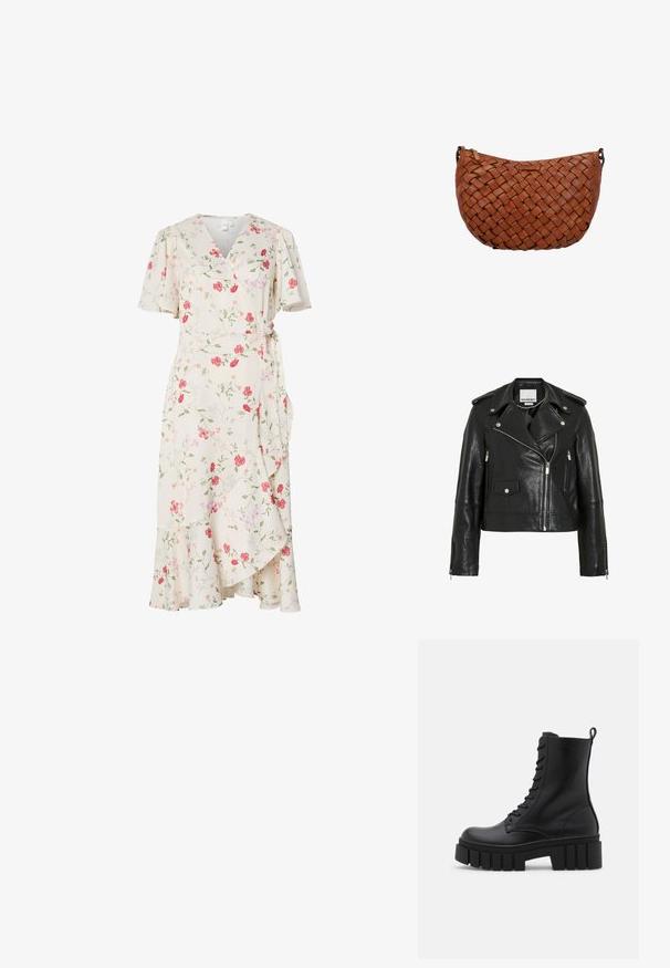 Zwarte leren motorjas met zilverkleurige hardware, ritssluiting aan de voorkant, zijzakken en een asymmetrische kraag. Gestructureerde afwerking.; Crèmekleurige wikkeljurk met roze en rode bloemenprint, korte volantmouwen, V-halslijn en gerimpelde zoom.; Zwarte leren enkelboot met een chunky, gegroefd zool, vetersluiting aan de voorkant en een trekband op een gladde witte achtergrond.; Bruine leren schoudertas met geweven patroon en ritssluiting bovenop, afgebeeld tegen een witte achtergrond.