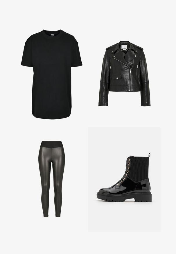 Zwarte leren motorjas met zilverkleurige hardware, ritssluiting aan de voorkant, zijzakken en een asymmetrische kraag. Gestructureerde afwerking.; Zwart T-shirt met korte mouwen en ronde hals in maat XS met "Urban Classics" label aan de binnenkant van de kraag.; Zwarte legging met hoge taille van nepleer met een gladde, glanzende afwerking en enkelhoge lengte op een witte achtergrond.; Zwarte laarzen van patenter leer met een textuur van ribbelstof aan de bovenkant, gouden veteroogjes, zwarte veters en een robuuste zool.