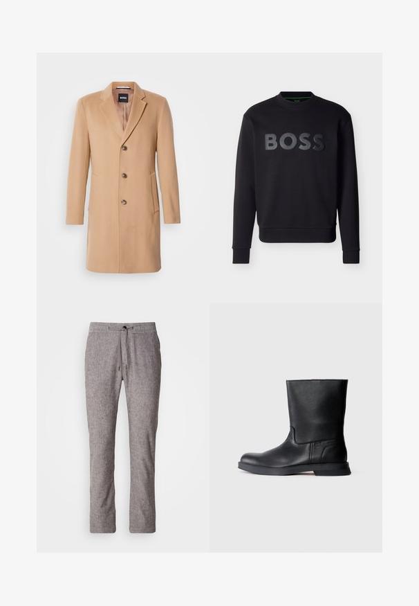 Manteau en mélange de laine couleur chameau avec col cranté, fermeture simple, trois boutons bruns, deux poches latérales et texture lisse.; Sweatshirt noir à manches longues avec col rond, logo BOSS noir en relief centré sur le devant, manches et ourlet côtelés.; Pantalon gris clair en mélange de lin avec une coupe décontractée, taille élastique et fermeture à cordon. Présente une texture subtile et un design à jambes droites.; Bottine noire en cuir avec finition texturée, bout rond et semelle en caoutchouc basse. Design simple sans quincaillerie visible ni embellissements.