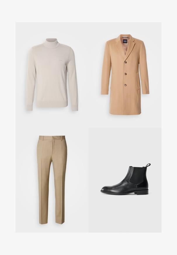 Camel uldblandede frakke med spids krave, enkeltstående knaplukning, tre brune knapper, to sidelommer og glat tekstur.; Lys beige turtleneck sweater lavet af blødt stof. Har ribbede manchetter og kant, med et diskret logo på brystet. Klassisk design.; Beige skræddersyede bukser i tekstureret stof med flad front og lige ben. Har sidelommer og bæltestropper, der giver et poleret udtryk.; Sorte læder ankelstøvler med elastiske sidepaneler, rund tå og en trækloft. Glat tekstur, flad sål, minimalistisk design.