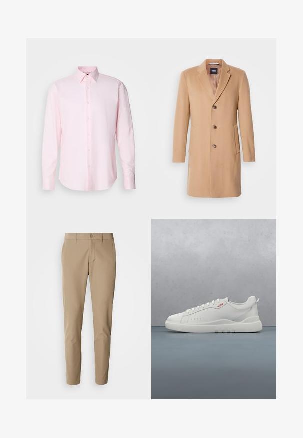 Abrigo de mezcla de lana color camello con solapa muescada, cierre de un solo botón, tres botones marrones, dos bolsillos laterales y textura suave.; Camisa de manga larga de color rosa claro, confeccionada en tejido texturizado, con cuello estándar y cierre de botones en la parte delantera.; Pantalones beige de tela suave con corte recto, con cierre de botón y bolsillos frontales, acompañados de pasadores para cinturón.; Zapatilla blanca con un acabado de cuero liso, punta redonda, cuatro ojales, perforaciones sutiles y un detalle de logo rojo en el lateral.