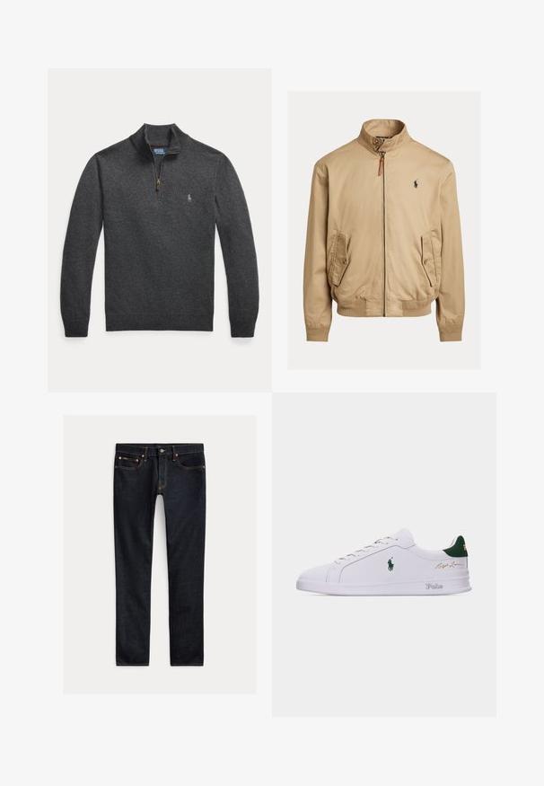 Beige Bomberjacke aus glattem Stoff. Sie verfügt über einen Stehkragen, zwei seitliche Taschen, gerippte Bündchen und ein kleines Logo auf der Brust.; Dunkelgrauer Langarmpullover mit Viertel-Reißverschluss und kleinem gestickten Logo auf der linken Brust.; Dunkelblaue Slim-Fit-Jeans mit fünf Taschen, Knopfverschluss und Kontrastnähten, flach auf hellem Hintergrund ausgelegt.; Weißer Sneaker mit niedrigem Schaft, grünem Fersenlasche, gesticktem Polo-Pferdelogo an der Seite, "Polo"-Schriftzug auf der Sohle und goldener "Ralph Lauren"-Signatur am Schaft.