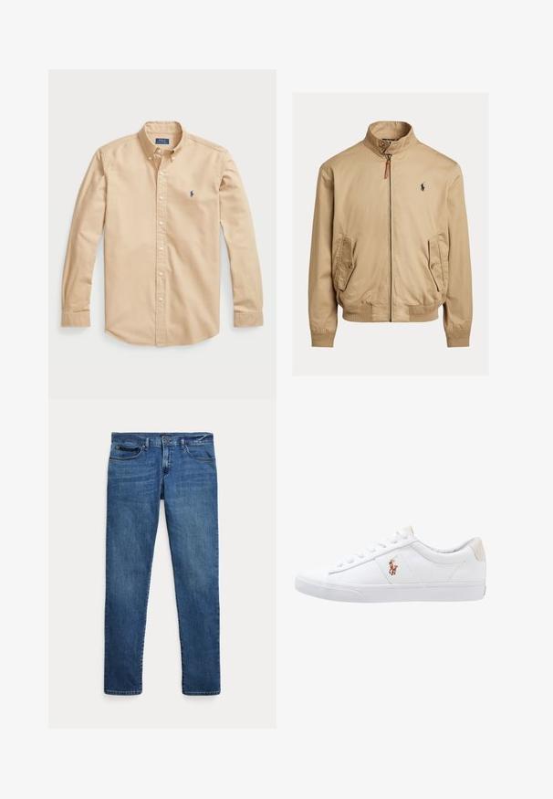 Blouson beige en tissu lisse. Caractéristiques d'un col montant, de deux poches latérales, de poignets côtelés et d'un petit logo sur la poitrine.; Chemise boutonnée beige clair en coton, avec un col classique, des manches longues, des boutons blancs et un petit logo bleu sur la poitrine.; Jean en denim bleu à coupe slim, avec poches avant, passants pour ceinture et fermeture à bouton sur fond blanc.; Baskets en toile blanches avec un design basse, présentant un onglet de talon beige et un petit logo brodé sur le côté. Semelle en caoutchouc.