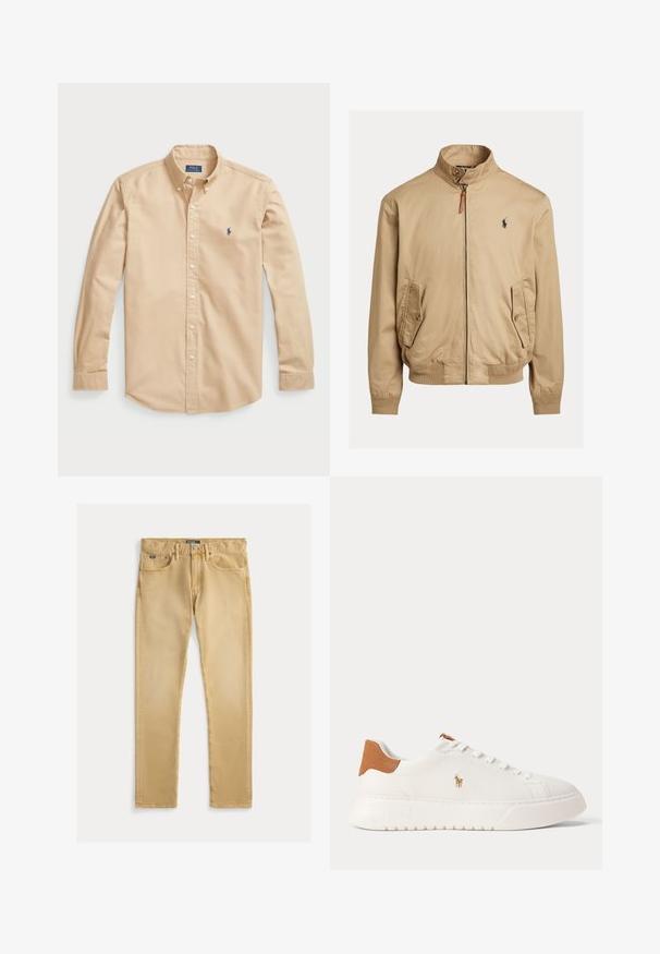 Beige bomberjack gemaakt van gladde stof. Heeft een staande kraag, twee zijzakken, geribde mouwen en een klein logo op de borst.; Lichtbeige overhemd met knopen van katoen, met een klassieke kraag, lange mouwen, witte knopen en een klein blauw logo op de borst.; Beige katoenen jeans met een slim fit, vijf zakken en zichtbare stiksels. Voorzien van een metalen knoop en label op de tailleband.; Witte lage sneaker met beige hieltab, witte veters en klein geborduurd polo spelerlogo aan de zijkant boven een dikke zool.