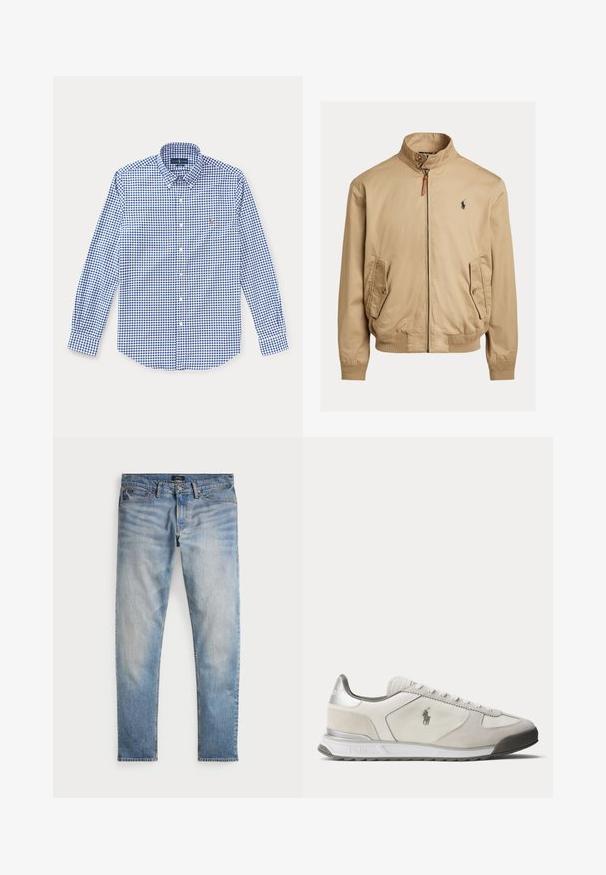Beige bomber μπουφάν κατασκευασμένο από απαλό ύφασμα. Διαθέτει όρθιο γιακά, δύο πλαϊνές τσέπες, ριμπ μανσέτες και ένα μικρό λογότυπο στο στήθος.; Μπλε και λευκό καρό πουκάμισο με μακριά μανίκια, γιακά και μικρό κεντημένο λογότυπο στο αριστερό στήθος.; Ανοιχτό μπλε τζιν παντελόνι με ξεθωριασμένο φινίρισμα, σχέδιο πέντε τσεπών και αντίθετη ραφή. Διαθέτει φερμουάρ και θηλιές ζώνης. Ευθεία γραμμή.; Χαμηλού προφίλ λευκό και ανοιχτό γκρι αθλητικό παπούτσι με λογότυπο Polo στο πλάι, κορδόνια στο μπροστινό μέρος και ασημένια λεπτομέρεια στη φτέρνα.