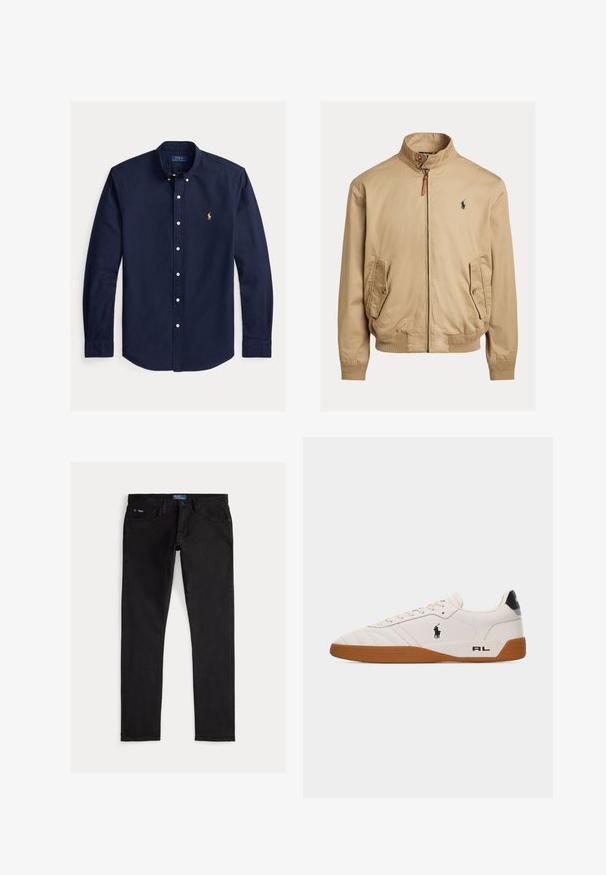 Beige bomber μπουφάν κατασκευασμένο από απαλό ύφασμα. Διαθέτει όρθιο γιακά, δύο πλαϊνές τσέπες, ριμπ μανσέτες και ένα μικρό λογότυπο στο στήθος.; Μακρυμάνικο πουκάμισο σε σκούρο μπλε χρώμα με κουμπιά και γιακά με κουμπιά, με μικρό κίτρινο λογότυπο Polo Ralph Lauren στο αριστερό στήθος.; Μαύρο τζιν παντελόνι με στενή εφαρμογή, διαθέτει πέντε τσέπες, θηλιές για ζώνη και μπλε ετικέτα μάρκας στη μέση. Λείο, ανθεκτικό ύφασμα.; Λευκό χαμηλό παπούτσι με καφέ λαστιχένια σόλα, μαύρο λογότυπο Polo Ralph Lauren στο πλάι και το κείμενο «RL» στο πίσω μέρος.