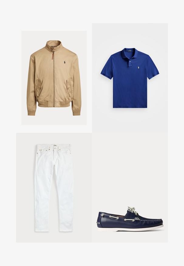 Beige bomberjack gemaakt van gladde stof. Heeft een staande kraag, twee zijzakken, geribde mouwen en een klein logo op de borst.; Blauw poloshirt met korte mouwen, een kraag en twee knopen, met een klein geel geborduurd logo op de linkerborst.; Witte slim-fit jeans met vijf zakken, knoopsluiting en riemlussen, plat gelegd op een effen lichte achtergrond.; Marineblauwe leren boot schoen met witte veters en stiksels, voorzien van een witte rubberen zool en metalen veteroogjes op een lichte achtergrond.