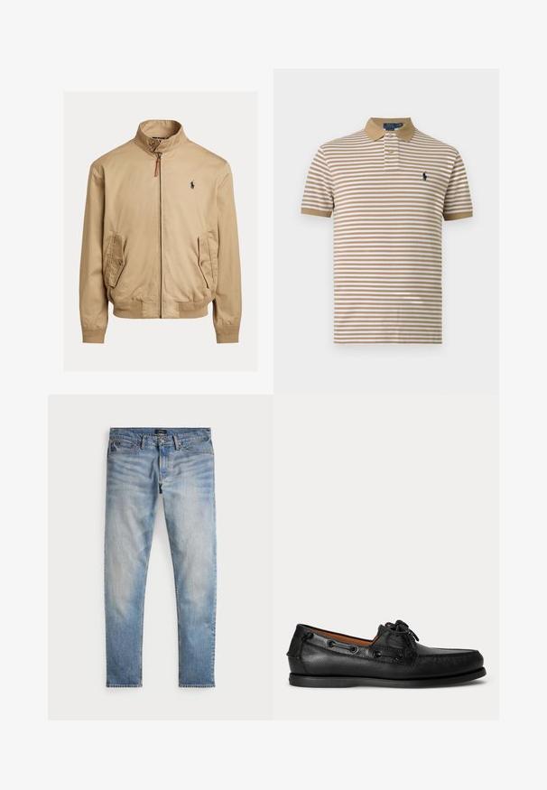 Beige bomberjack gemaakt van gladde stof. Heeft een staande kraag, twee zijzakken, geribde mouwen en een klein logo op de borst.; Beige en witte horizontaal gestreepte polo met korte mouwen, beige kraag, twee knopen en een donker logo borduursel op de borst.; Lichtblauwe denim jeans met een vervaagde afwerking, vijfzakkenontwerp en contrasterende stiksels. Heeft een ritssluiting en riemlussen. Rechte snit.; Zwarte leren mocassin met veterdetail en lage rubberen zool, zijaanzicht op een eenvoudige lichte achtergrond.