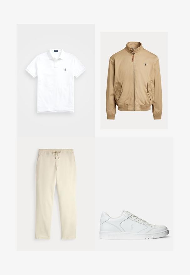 Beige bomberjack gemaakt van gladde stof. Heeft een staande kraag, twee zijzakken, geribde mouwen en een klein logo op de borst.; Witte poloshirt met korte mouwen, kraag, twee knopen en klein marineblauw geborduurd logo op de linkerborst.; Off-white casual broek met elastische tailleband en trekkoord, rechte pijpen en zijzakken op een effen achtergrond.; Witte leren sneaker met een gladde textuur, voorzien van een geperforeerde neus, vetersluiting en geborduurde logo aan de zijkant. Witte rubberen zool.