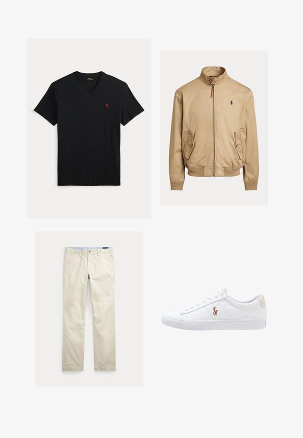 Beige bomber μπουφάν κατασκευασμένο από απαλό ύφασμα. Διαθέτει όρθιο γιακά, δύο πλαϊνές τσέπες, ριμπ μανσέτες και ένα μικρό λογότυπο στο στήθος.; Μαύρο T-shirt με V λαιμόκοψη και κοντά μανίκια, με μικρό κόκκινο λογότυπο Polo Ralph Lauren στο αριστερό στήθος.; Μπεζ βαμβακερό παντελόνι με ίσια γραμμή, θηλιές για ζώνη, εμπρόσθιο κουμπί, φερμουάρ και πλαϊνές τσέπες.; Λευκό καμβά παπούτσι με χαμηλό σχέδιο, με χαρακτηριστική μπεζ ταμπέλα στη φτέρνα και ένα μικρό κεντημένο λογότυπο στο πλάι. Ελαστική σόλα.