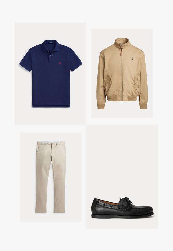 Beige bomber μπουφάν κατασκευασμένο από απαλό ύφασμα. Διαθέτει όρθιο γιακά, δύο πλαϊνές τσέπες, ριμπ μανσέτες και ένα μικρό λογότυπο στο στήθος.; Μπλε ναυτικό μπλουζάκι πόλο Ralph Lauren με κοντά μανίκια, γιακά, δύο κουμπιά και μικρό κόκκινο κεντημένο λογότυπο στο αριστερό στήθος.; Μπεζ βαμβακερό παντελόνι με ίσια γραμμή, μπροστινές τσέπες, θηλιές για ζώνη, κλείσιμο με κουμπί και φερμουάρ, απλωμένο σε άσπρο φόντο.; Μαύρο δερμάτινο μοκασίνι με κορδόνι και χαμηλή καουτσούκ σόλα, εμφανιζόμενο από το πλάι σε απλό ανοιχτό φόντο.