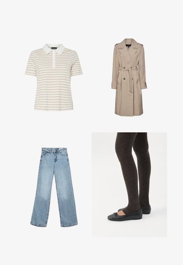 Beige trenchcoat lavet af tekstureret stof, med en dobbeltbrystet front, bælte i taljen og knaplukning ved ærmerne.; Krave kortærmet polo shirt med skiftende lys beige og hvide striber, med knaplukning og ribbet tekstur.; Lyseblå højtaljede jeans med vide ben, knap- og lynlås-lukning, for- og baglommer samt bæltestropper.; Ben iført mørke ribbede leggings kombineret med sorte balletsko med små sløjfedetaljer på hvid baggrund.