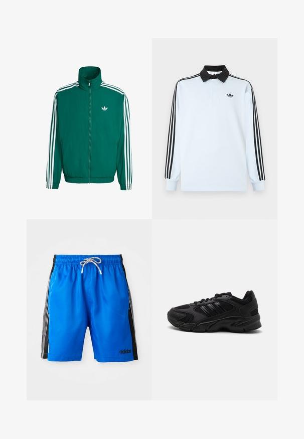 Groene windbreaker met hoge kraag, witte rits en drie witte strepen op de mouwen. Voorzien van een klein wit logo op de borst.; Lichtblauw poloshirt met lange mouwen, een zwarte kraag, drie zwarte strepen op de mouwen, en een klein zwart logo op de borst.; Blauwe zwemboxers met een elastische tailleband, witte trekkoord en zwarte zijpanelen met drie witte strepen en een Adidas-logo.; Zwarte sportieve schoenen met een combinatie van ademend mesh en synthetische materialen. Kenmerkende gestructureerde zool en drie zwarte strepen aan de zijkant.