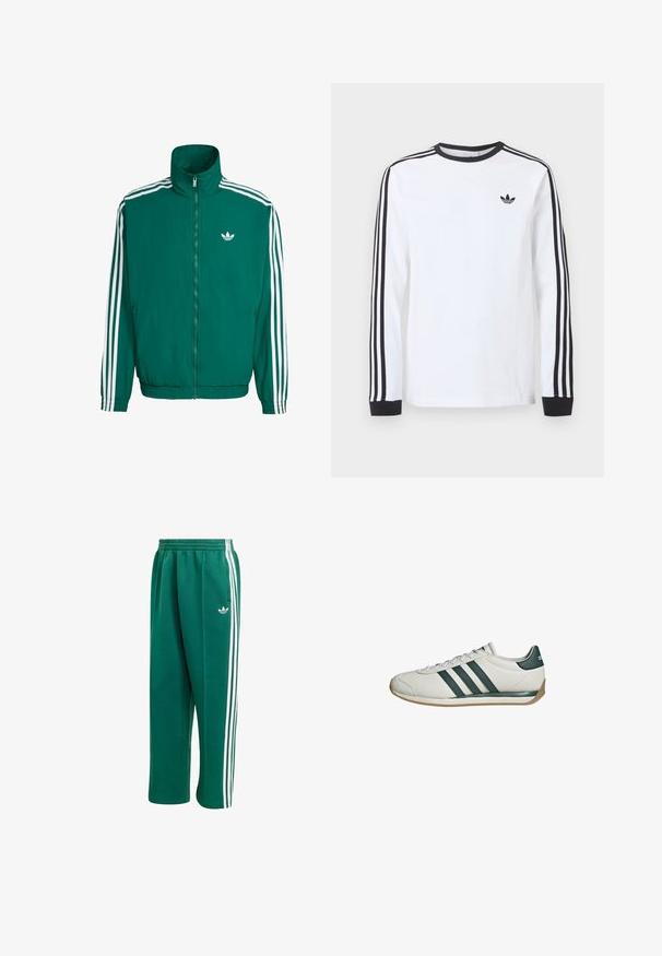 Grøn vindjakke med høj krave, hvid lynlås og tre hvide striber på ærmerne. Har et lille hvidt logo på brystet.; Hvid langærmet Adidas-trøje med sort rund hals, sorte manchetter, tre sorte striber ned langs ærmerne og sort trekløverlogo på brystet.; Grønne sweatpants lavet af bomuldsblanding, med hvide sidelægger og et lille hvidt logo på det øverste venstre ben. Elastisk talje.; Hvid sneaker med mørkegrønne Adidas-striber og hælkappe, gummisål og hvide snørebånd, set fra siden mod en hvid baggrund.