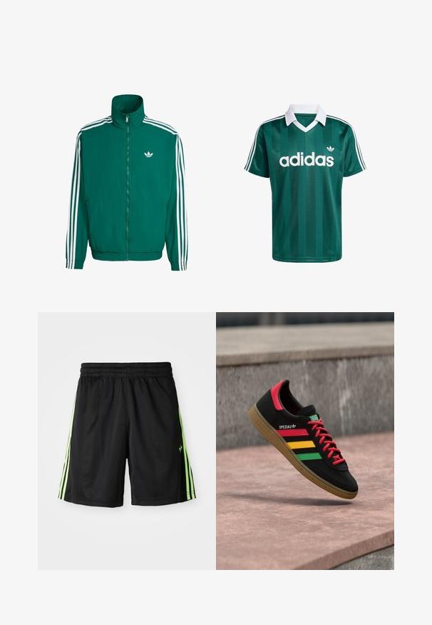 Zelená vetrovka s vysokým golierom, bielym zipsom a troma bielymi pruhmi na rukávoch. Obsahuje malé biele logo na hrudi.; Zelený pruhovaný dres Adidas s bielym golierom a tromi bielymi pruhmi na ramenách. Na prednej strane výrazné biele logo.; Čierne športové šortky s elastickým pásom, pričom na každej strane sú dve vertikálne neonové zelené pruhy a na prednej ľavej strane je malá značka.; Čierna teniska Adidas Spezial s červenými, žltými a zelenými pruhmi, červenými šnúrkami, gumovou podrážkou a červeným detailom na päte, zobrazená ako vznášajúca sa nad chodníkom.
