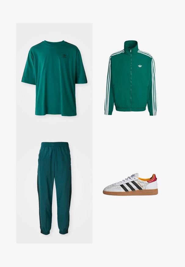 Groene windbreaker met hoge kraag, witte rits en drie witte strepen op de mouwen. Voorzien van een klein wit logo op de borst.; Teal katoenen T-shirt met korte mouwen, ronde hals en zwarte zijstrepen. Bevat een klein zwart logo op de borst.; Teal sportbroek met een trekkoord in de taille, elastische boorden en zwarte zijstreep. Gemaakt van lichte stof en voorzien van een logo nabij de heup.; Witte Adidas Spezial sneaker met zwarte strepen, gumzool, doorgestikt patroon, rood hielstuk en gele voering, zijaanzicht.