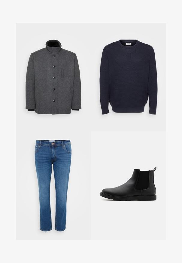 Dunkelgraue gepolsterte Jacke aus strukturiertem Stoff. Sie hat einen hohen Kragen, eine Knopfleiste und seitliche Taschen für Funktionalität.; Navy blauer Strickpullover mit strukturiertem Muster, Rundhalsausschnitt und gerippten Bündchen sowie Saum. Hergestellt aus weichem, dehnbarem Material.; Jeans aus Denim in einem mittleren Blauton, mit einem geraden Bein Design, fünf Taschen-Stil und einem Knopfverschluss an der Taille.; Schwarze Leder-Chelsea-Stiefel mit elastischen Seitenpaneelen, einem Zugband und einer robusten Gummisohle. Glatte Textur und elegantes Design.