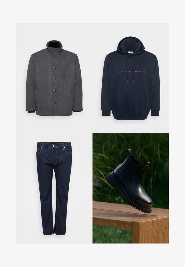 Donkergrijze gewatteerde jas van gestructureerde stof. Voorzien van een hoge kraag, knoopsluiting en zijzakken voor functionaliteit.; Marineblauwe hoodie van zacht materiaal, met een buidelzak en een capuchon met trekkoord. Tekst "JACK & JONES" in oranje over de borst.; Donkerblauwe denim jeans met een rechte pijpdesign, voorzien van zichtbare stiksels in contrasterend geel, vijf zakken en een knoopsluiting aan de voorkant.; Zwarte leren chelsea boot met een ronde neus, dikke rubberen zool en zij-elastische panelen, gepresenteerd op een houten oppervlak met groen in de achtergrond.