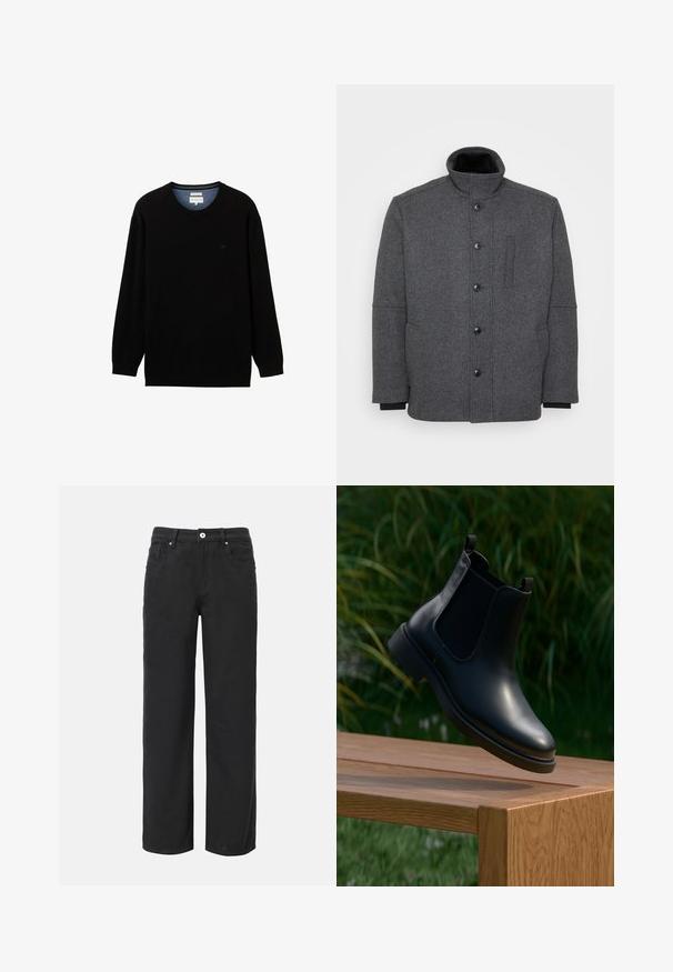 Dunkelgraue gepolsterte Jacke aus strukturiertem Stoff. Sie hat einen hohen Kragen, eine Knopfleiste und seitliche Taschen für Funktionalität.; Schwarzer Pullover mit langen Ärmeln aus geripptem Material und rundem Ausschnitt. Verfügt über ein dezentes Logo auf der Brust und einen kontrastierenden inneren Kragen.; Schwarze weit geschnittene Baumwollhosen mit vier Taschen, Frontknopfverschluss und klassischem Jeansdesign. Glatte Textur, ohne sichtbare Muster.; Schwarze Leder-Stiefelette mit elastischen Seitenpaneelen, schwebend über einer hölzernen Bank, mit grünem Laub im Hintergrund.