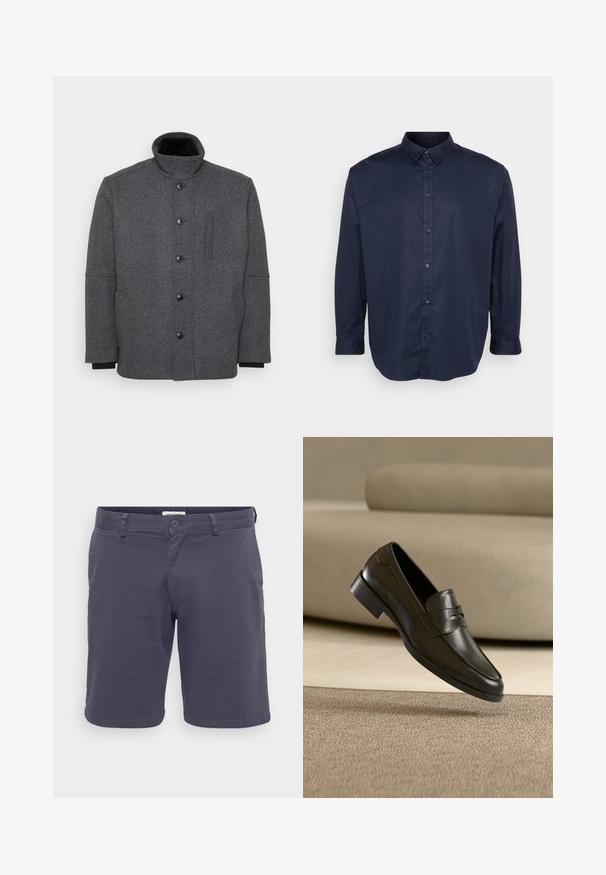 Manteau rembourré gris foncé en tissu texturé. Présente un col haut, une fermeture à boutons et des poches latérales pour plus de fonctionnalité.; Chemise à manches longues bleu marine en tissu lisse, avec un col pointu, un devant boutonné et un ourlet arrondi.; Shorts grises foncés pour homme en tissu léger, dotés d'une fermeture à bouton, de passants de ceinture et d'un design uni sans motifs visibles.; Mocassin en cuir noir flottant au-dessus d'un tapis beige avec un canapé beige en arrière-plan, mettant en valeur le design classique pour hommes sans lacets.