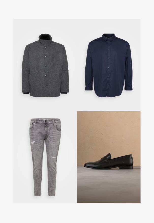 Dunkelgraue gepolsterte Jacke aus strukturiertem Stoff. Sie hat einen hohen Kragen, eine Knopfleiste und seitliche Taschen für Funktionalität.; Dunkelblauses Langarmhemd aus glattem Stoff, mit spitzem Kragen, knöpfbarem Verschluss und abgerundetem Saum.; Graue Jeans aus Denim mit Distressed-Details, slim fit, klassischer Five-Pocket-Design und leicht verjüngtem Bein.; Schwarzer Lederschuh im Slipper-Stil schwebt über einem beigen Teppich, im Hintergrund ist ein beiges Sofa zu sehen.