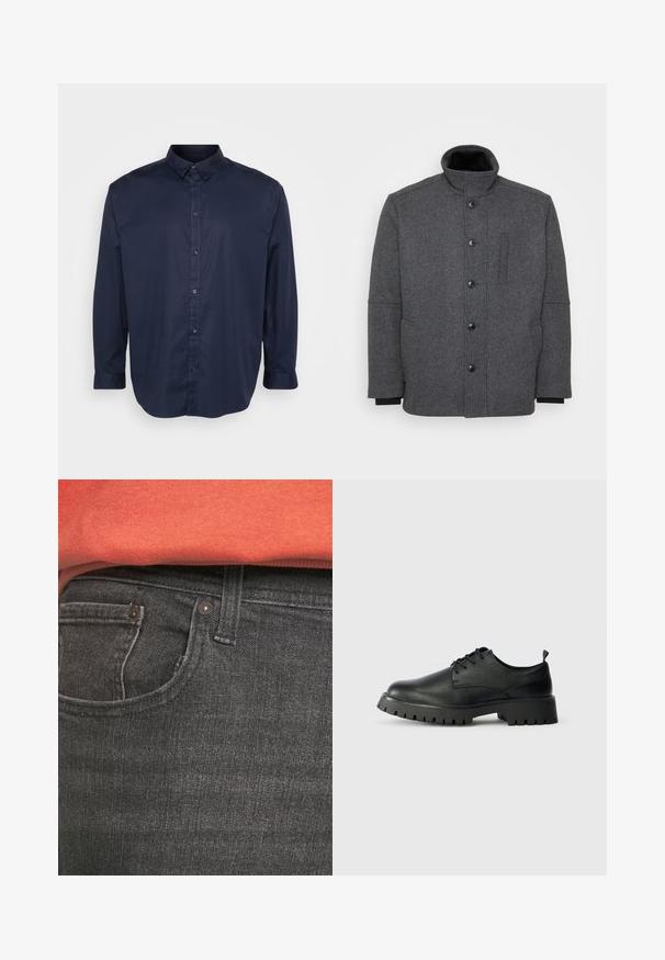 Manteau rembourré gris foncé en tissu texturé. Présente un col haut, une fermeture à boutons et des poches latérales pour plus de fonctionnalité.; Chemise à manches longues bleu marine en tissu lisse, avec un col pointu, un devant boutonné et un ourlet arrondi.; Un jean en denim gris foncé présente une poche avant, de petites rivets en métal et une finition texturée. Le matériau semble doux avec un léger éclat.; Chaussures en cuir noir à lacets avec un bout arrondi, surface texturée et semelle en caoutchouc épaisse dotée de profondes rainures pour une meilleure adhérence.