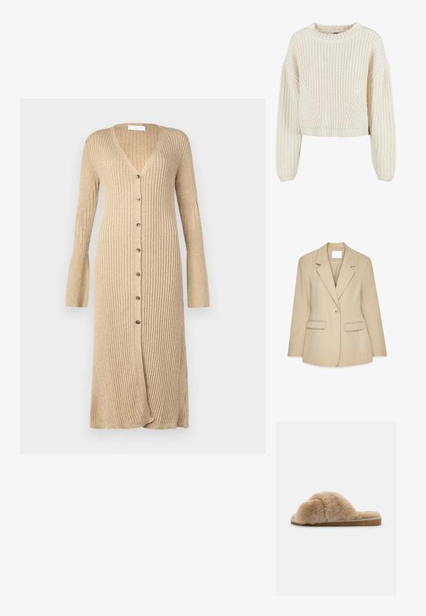 Blazer beige con un acabado texturizado, solapas con muesca, cierre de un solo botón dorado y dos bolsillos frontales. Ajuste entallado y diseño estructurado.; Suéter de punto grueso en color crema con cuello redondo, mangas anchas, puños acanalados y un patrón texturizado. Diseño corto.; Cardigan beige de canalé con mangas largas, cierre frontal de botones, escote en V y puños acampanados. Fabricado en un material de punto suave con un acabado texturizado.; Zapatilla de felpa beige con una textura suave, parte trasera abierta y un forro interior. Suela plana con una base marrón clara y costuras beige.