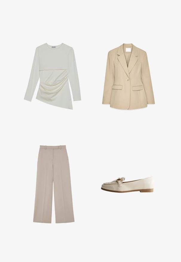 Blazer beige con un acabado texturizado, solapas con muesca, cierre de un solo botón dorado y dos bolsillos frontales. Ajuste entallado y diseño estructurado.; Camiseta de manga larga en color crema con un escote redondo, que presenta un diseño en capas y un detalle fruncido en la sección inferior. Tela suave con una textura lisa.; Pantalones beige de pierna ancha con trabillas para el cinturón, bolsillos delanteros y una raya en el centro de cada pierna.; Zapato plano color beige claro hecho de cuero suave, con una hebilla decorativa, puntera redondeada y tacón bajo. Perfil simple y elegante.