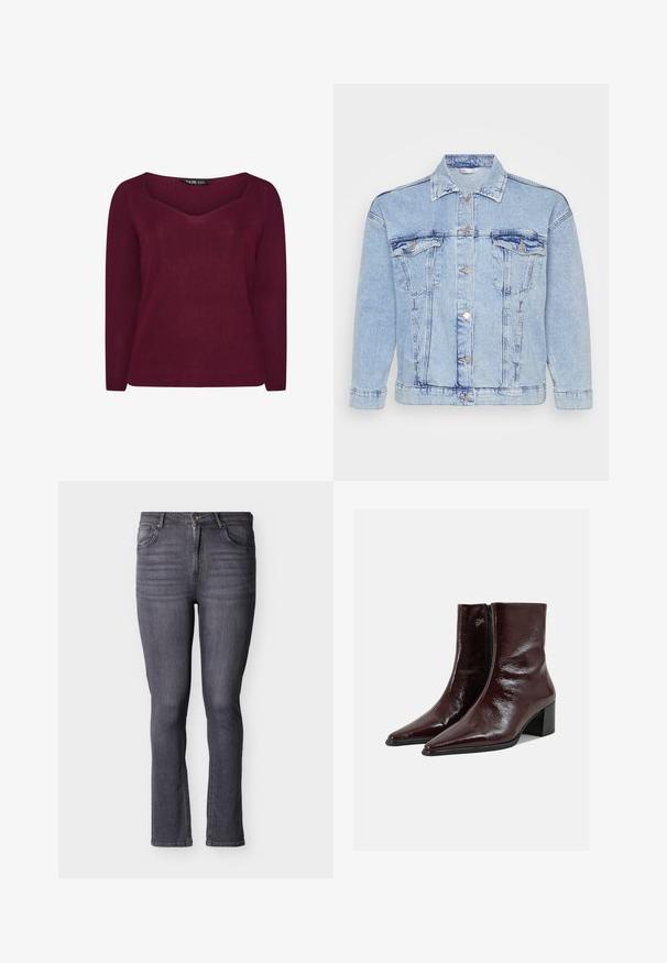 Lyseblå denimjakke med knaplukning foran, to brystlommer og klassisk krave. Har en slidt tekstur og metallisk knapper.; Burgunderfarvet ribbestrik sweater med V-hals, lange ærmer og subtile pilformede detaljer på forsiden. Blødt stof med en struktureret overflade.; Grå slim-fit denimjeans med fem lommer, forreste knap- og lynlåslukning, med subtile falmninger og syningsdetaljer.; Skinnende mørkebrune læderankelstøvler med spidse tæer, sidelås og blokhæl på en ensfarvet lys grå baggrund.