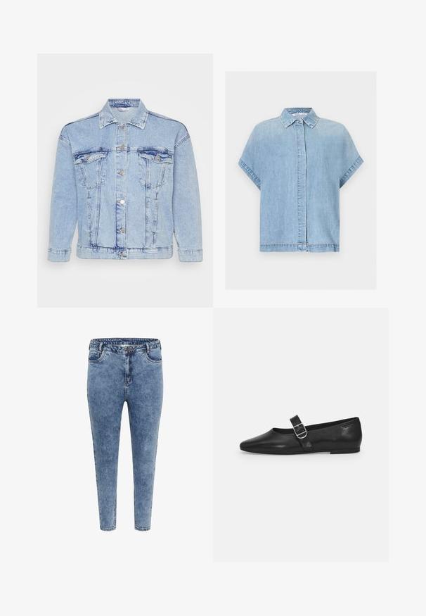 Hellblaues Denim-Jackett mit durchgehender Knopfleiste, zwei Brusttaschen und klassischem Kragen. Mit einem verwaschenen Look und metallischen Knöpfen.; Hellblaues Denim-Kurzarmhemd mit verdeckter Knopfleiste und klassischem Kragen, dargestellt auf weißem Hintergrund.; Blaue Skinny Jeans aus Denim mit hoher Taille, fünf Taschen und einem Reißverschluss. Der Stoff hat eine leicht ausgewaschene Textur mit kontrastierenden Nähten.; Schwarzer Lederflatschuh mit runder Zehenform, einem verstellbaren Schnallenriemen und einer glatten, glänzenden Oberfläche. Minimalistisches Design mit einem niedrigen Absatz.