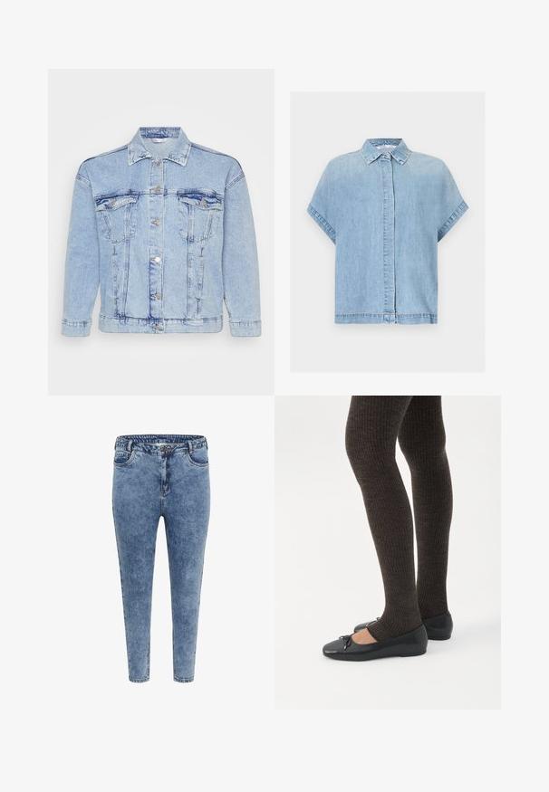 Lichtblauwe denimjas met knoopsluiting aan de voorkant, twee borstzakken en een klassieke kraag. Heeft een verouderde textuur en metalen knopen.; Lichtblauw denim overhemd met korte mouwen, verborgen knopenlijst en klassieke kraag, weergegeven op een witte achtergrond.; Blauwe denim skinny jeans met een hoge taille, vijf zakken en een ritsluiting. De stof heeft een licht vervaagde textuur met contrasterende stiksels.; Benen met donkere geribbelde leggings gecombineerd met zwarte ballerina's met kleine strikdetails op een witte achtergrond.