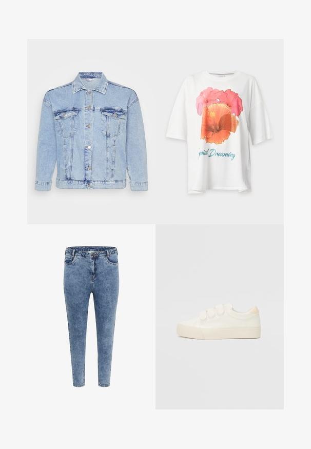 Lyseblå denimjakke med knaplukning foran, to brystlommer og klassisk krave. Har en slidt tekstur og metallisk knapper.; Hvid T-shirt med korte ærmer med stort pink og orange blomsterprint samt blå tekst "Tropical Dreaming" på fronten.; Blå denim skinny jeans med høj talje, fem lommer og lynlåslukning. Stoffet har en let falmet tekstur med kontrasterende syninger.; Hvide sneakers med en glat læderlignende overdel, tre velcrostropper, rund tå og en tekstureret gummisål. Bagakcent i beige.
