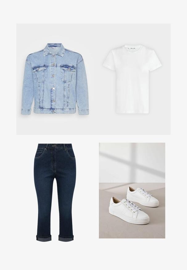 Lyseblå denimjakke med knaplukning foran, to brystlommer og klassisk krave. Har en slidt tekstur og metallisk knapper.; En simpel hvid T-shirt med korte ærmer og rund hals lagt fladt på en lys grå baggrund, hvor forsiden med label inde i halsen vises.; Mørkeblå denim korte jeans med forlommer, knaplukning og optrukne kanter.; Hvide sneakers lavet af struktureret læder, med runde tå, flade hvide såler og gyldne snørehuller. Minimalistisk design med perforerede detaljer.